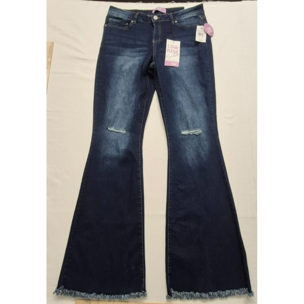 NWT YMI women's dark wash low rise flare distressed denim blue jeans sz. 13/31